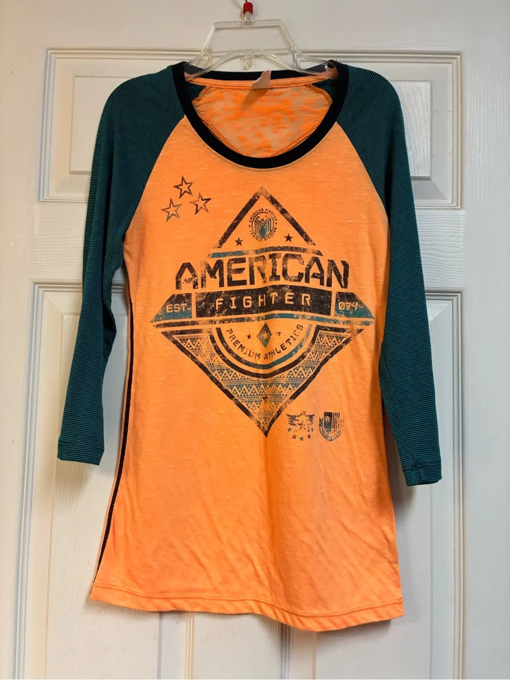 2 American Fighter women’s small/ XS 3/4 Sleeve Raglan Tee’s Teal & Orange